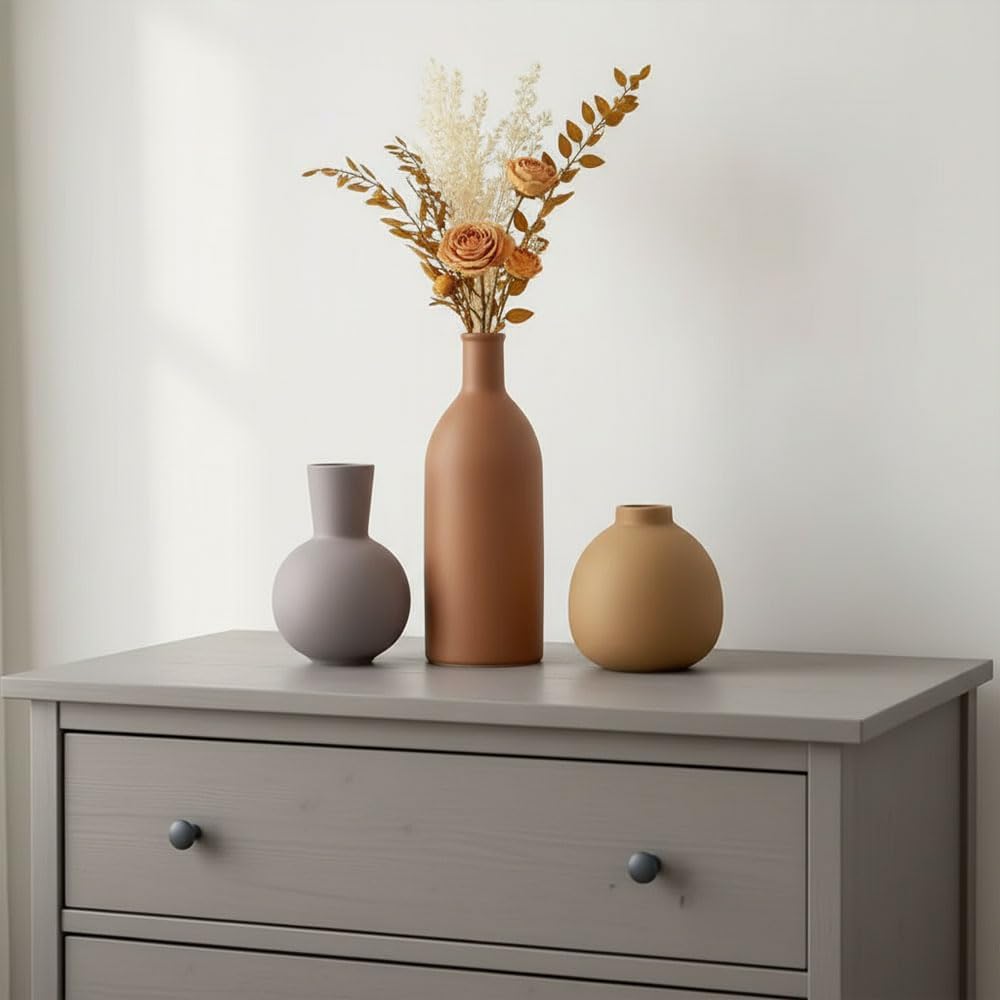 Ceramic Vase Set of 3 - Small Modern Minimalist Ceramic Bud Vases for Home Decor - Boho Aesthetic Flower Vases for Desk, Shelf & Table, Mantle, Bookshelf (Cute & Versatile) (Neutral Mix)