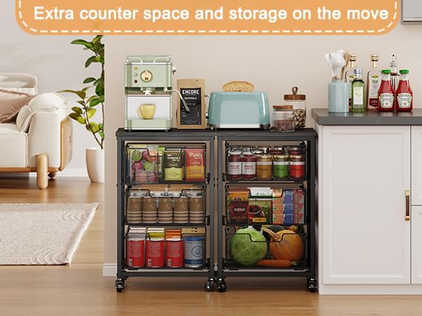 4 Tier Kitchen Rolling Cart, Kitchen Storage Cart with Wheels, Adjust Pantry Organizer and Storage Cart with Drawer, Fruit Vegetable Spice Storage Cart, Wooden Top Metal Kitchen Organizer Rack Stand