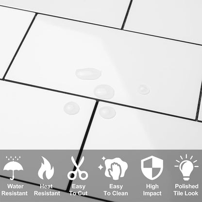 DICOFUN 10-Sheet Polished White Thick PVC Peel and Stick Backsplash, Ceramic Look Subway Tile White Kitchen Backsplash Peel and Stick Wall Tiles