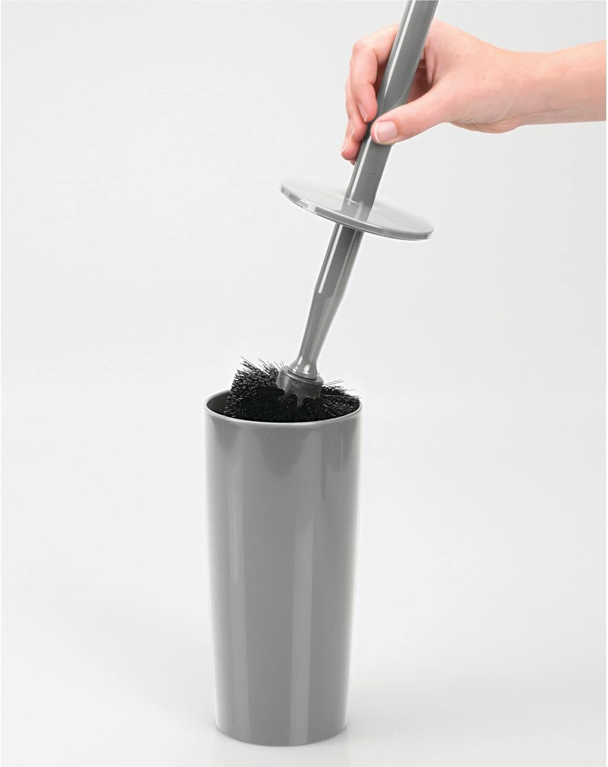 mDesign Slim Plastic Toilet Bowl Brush and Holder Set, Modern Compact Storage Organizer Cleaner Scrubber for Toilet - Heavy Duty Cleaning Plunger for Bathroom, Aura Collection - Gray