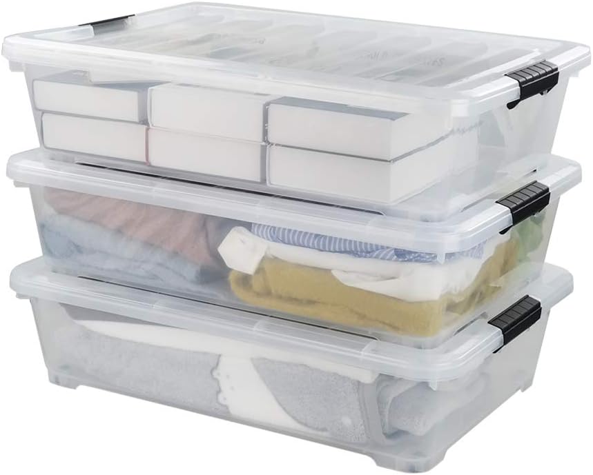 3-Pack Wheeled Plastic Under Bed Storage Box with Lids, 40 L | Under Bed Storage Bin, Secure Side Latch Lid, Built-In Rolling Wheels, Stackable Design, Perfect for Under Bed Storage