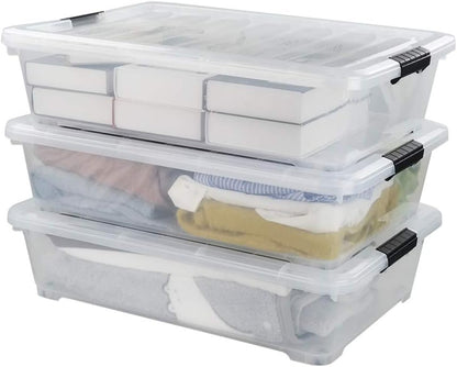 3-Pack Wheeled Plastic Under Bed Storage Box with Lids, 40 L | Under Bed Storage Bin, Secure Side Latch Lid, Built-In Rolling Wheels, Stackable Design, Perfect for Under Bed Storage