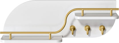 Key Holder for Wall, Decorative Key and Mail Organizer with 6 Sturdy Metal Hooks and Floating Shelf, 14 Inches Wood Wall Mounted Key Rack for Entryway, White and Gold