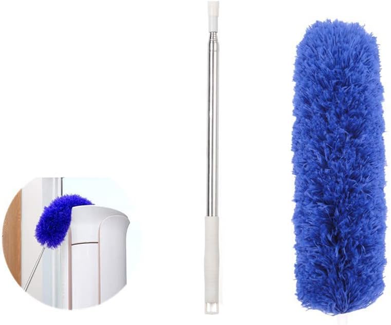Microfiber Telescoping Duster, 51.18"Extendable, Scratch-Resistant Cover, Stainless Steel Pole, Detachable Bendable Head, Washable, for High Ceilings for Cleaning Cobweb, High Ceiling Fan, Blue