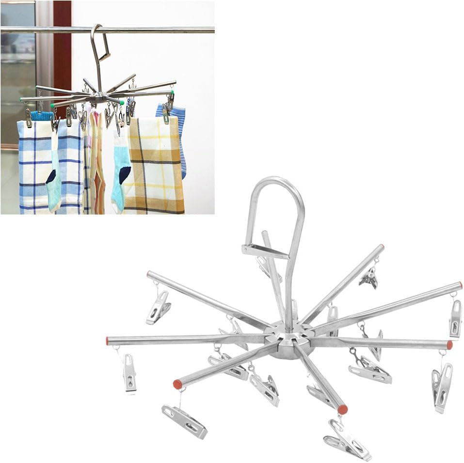 PRETYZOOM Foldable Drying Rack with 16 Clips, Portable Stainless Steel Octopus Hanging Dryer, Space-Saving Laundry Hanger for Underwear, Socks, Towels, Baby Clothes, Diapers