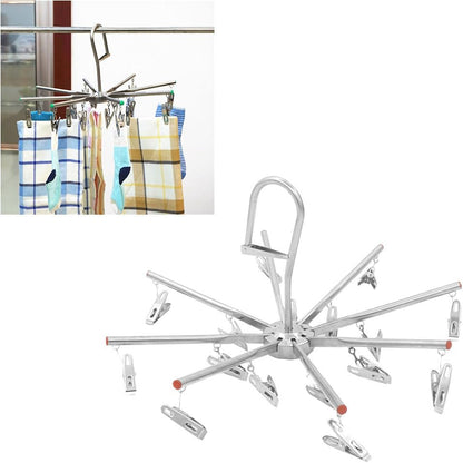 PRETYZOOM Foldable Drying Rack with 16 Clips, Portable Stainless Steel Octopus Hanging Dryer, Space-Saving Laundry Hanger for Underwear, Socks, Towels, Baby Clothes, Diapers