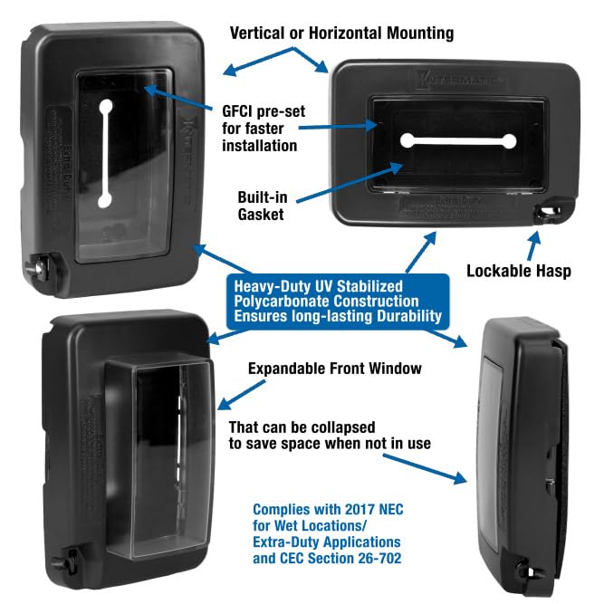 Intermatic WP7000BL Low-Profile Extra-Duty Weatherproof 1-Gang Cover, Black - Expandable Front Window, Versatile Mounting, Complete Installation Kit - Protect Outdoor Outlets