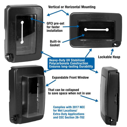 Intermatic WP7000BL Low-Profile Extra-Duty Weatherproof 1-Gang Cover, Black - Expandable Front Window, Versatile Mounting, Complete Installation Kit - Protect Outdoor Outlets