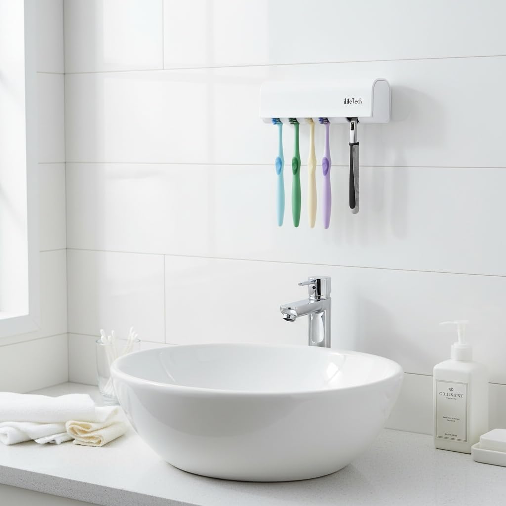 Dustproof Toothbrush Holder with Cover, Wall Mounted 5 Slots | Fits Electric Toothbrushes, Strong Peel, Stick Adhesive, Smooth Tile, Glass, Marble, Shower, RV
