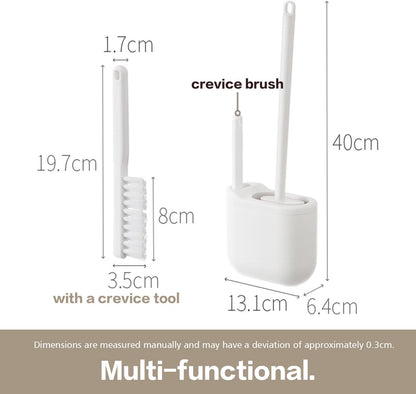 Silicone Toilet Brush Set with Corner Brush & Wall-Mounted Holder, No-Scratch Design with Drainage Holes, Adhesive Installation, White
