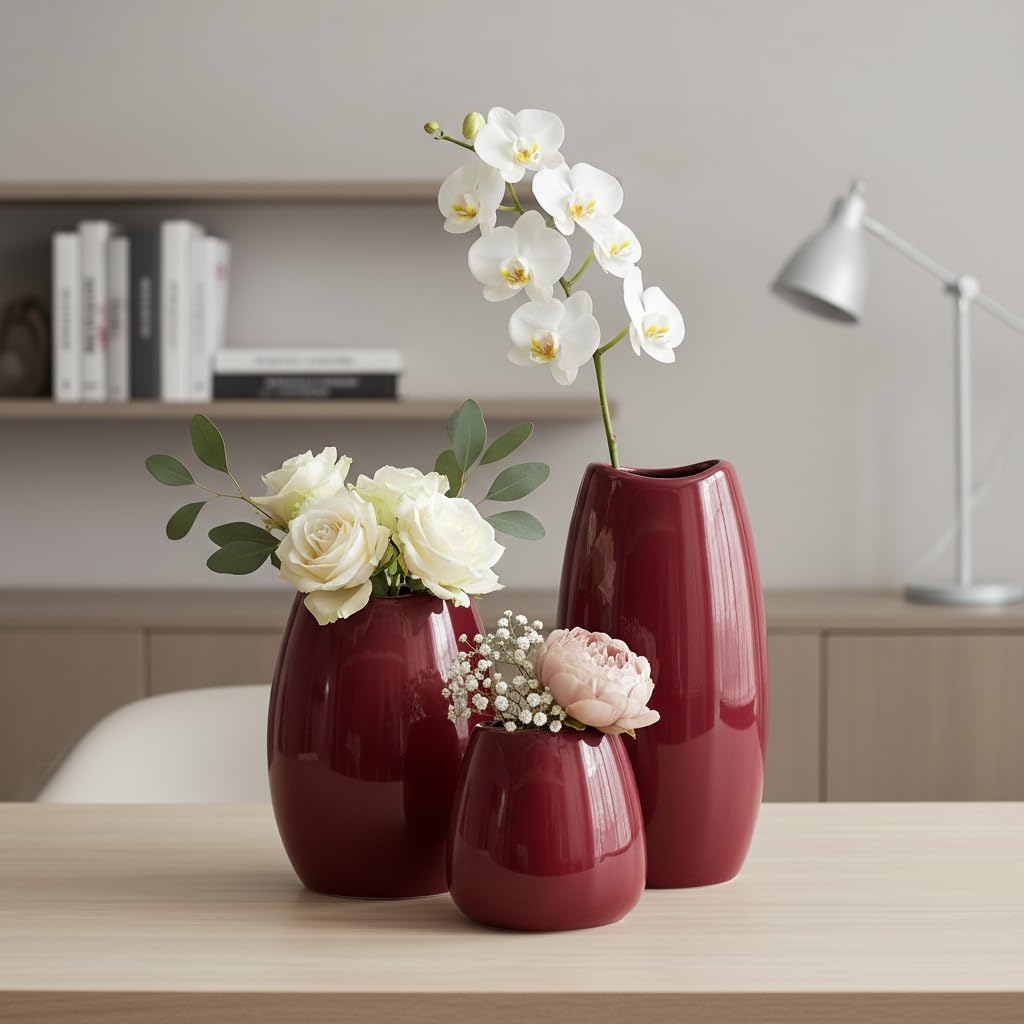 hjn Ceramic Vase Set of 3 White Flower Vase for Home Decor, Modern Decorative Vases for Flowers/Ideal Shelf Decor/Table/Living Room/Kitchen/Office-White