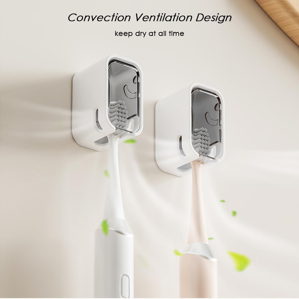 2PCS Toothbrush Holder Wall Mounted for Bathroom with Cover for Shower - with Toothpaste Clip - Single Slot Toothbrush Dispenser Storage Organizer for Travel with Detachable Design
