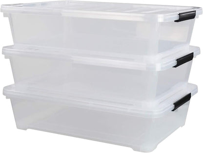 4-Pack 20 Quart Clear Under Bed Plastic Storage Bins with Wheels | Under Bed Storage Box, Locking Latch Lid, Easy-Glide Wheels, for Bedroom, Bathroom, Garage, and Office Organization