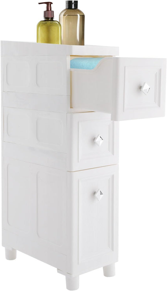 Slim Bathroom Storage Cabinet Freestanding Narrow Plastic Rolling Cart Bathroom Organizer with Drawers for Small Space Office, White (4-Tier)