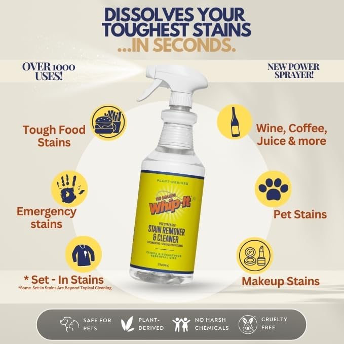 Whip It Cleaner Concentrate, Multi Purpose Stain Remover, Plant Based Enzyme Cleaner, Cleaning Food, Grease, Coffee, Wine, Baby Stains, Over 500 uses, Made in the USA, 1 Gallon,128-ounce