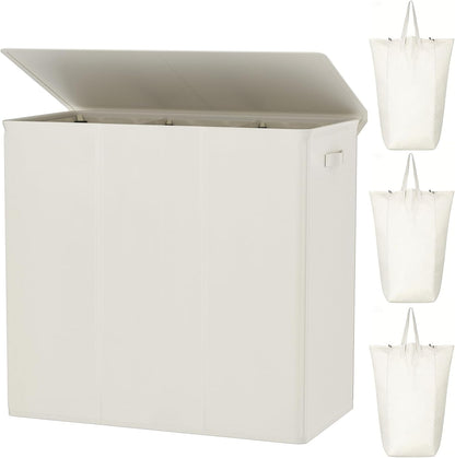 WOWLIVE 180L Laundry Hamper with Lid 3 Section,Large Laundry Basket with Removable Bags and Handles,Collapsible Dirty Clothes Hampers for Laundry,Laundry Basket Organizer for Laundry Room,Dorm,Beige
