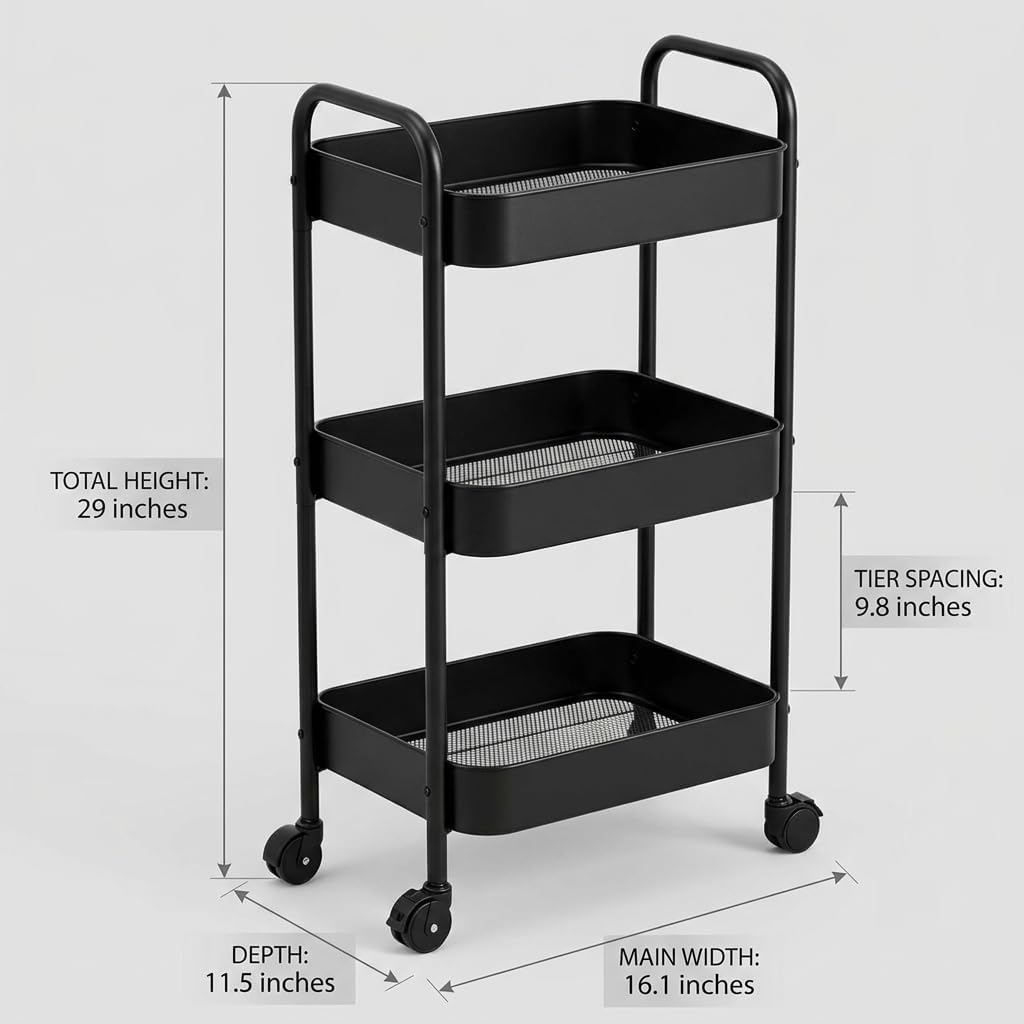 3-Tier Metal Rolling Cart with Smooth Casters, Lightweight Storage Utility Cart Mobile Organizer Rack, Multi-Purpose Basket Shelf for Kitchen, Bathroom, Closet, Pantry-Black