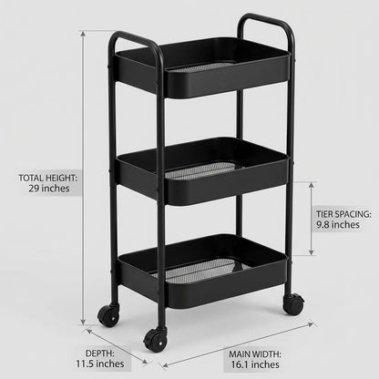 3-Tier Metal Rolling Cart with Smooth Casters, Lightweight Storage Utility Cart Mobile Organizer Rack, Multi-Purpose Basket Shelf for Kitchen, Bathroom, Closet, Pantry-Black