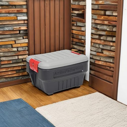Rubbermaid ActionPacker 35 Gallon, Made in USA, Lockable Plastic Storage Bin with Lid and Wheels- Outdoor, Industrial, Rugged, Camping Gear and Truck Bed Storage - Gray and Black