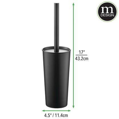 mDesign Metal Freestanding Slim Toilet Bowl Brush and Holder + Rectangle Narrow 5 Liter / 1.3 Gallon Step Pedal Trash Can Wastebasket for Bathroom - Small, Compact Design - Set of 2 - Brushed/Chrome