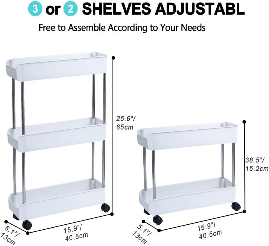 Melody House 3-Tier Slim Mobile Shelving Unit on Wheels, Slide Out Rolling Bathroom Storage Organizer, Utility Carts Shelf Rack for Kitchen Bathroom Laundry Room Narrow Places, Navy Blue
