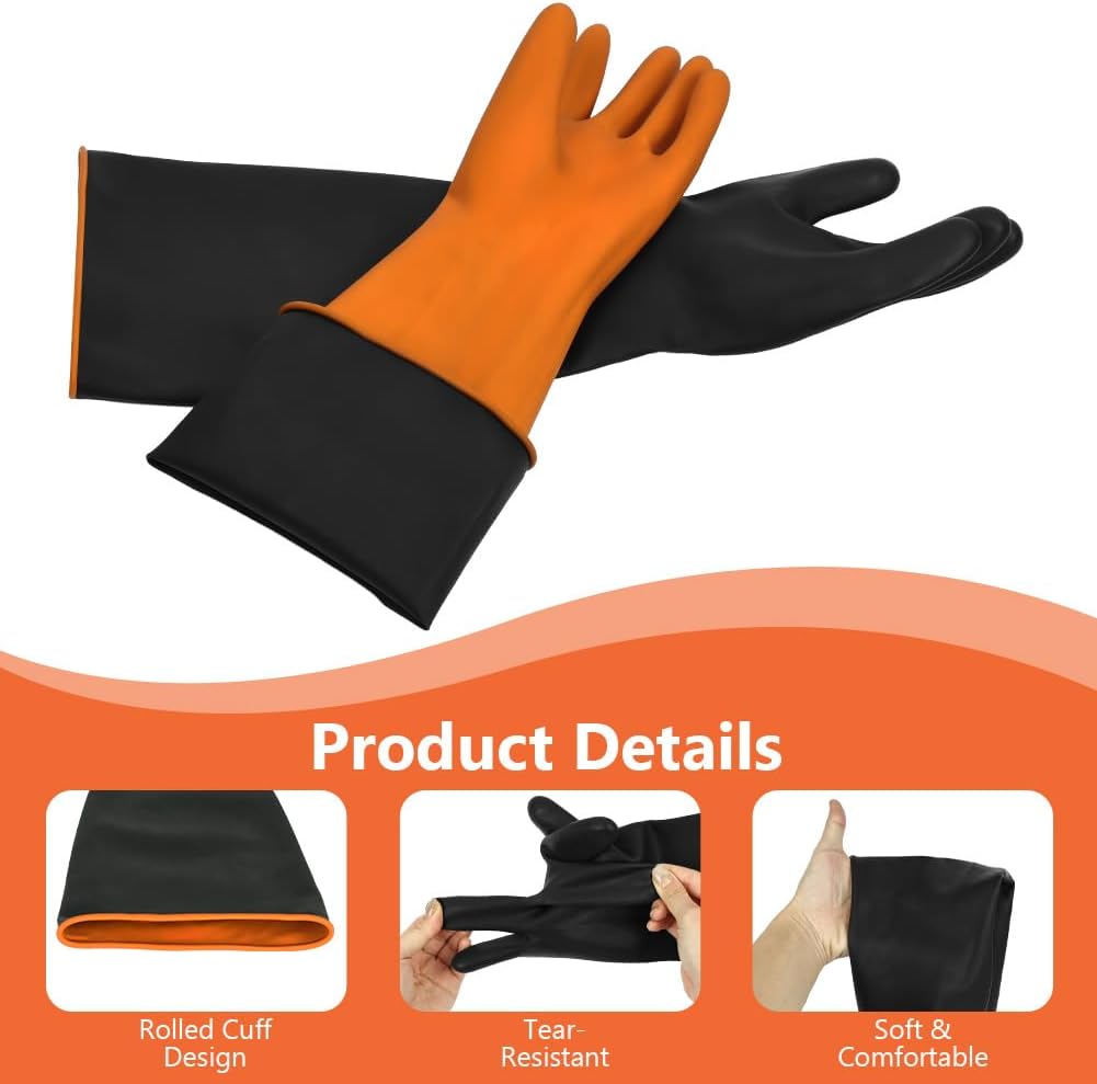 AUAUY 14"/18" Chemical Resistant Gloves, Reusable Heavy-Duty Rubber Gloves, Non-Slip Large Rubber Gloves, 1 Pair