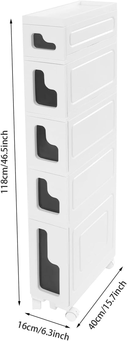 1 Tier Slim Bathroom Storage Cabinet, 15.7" L X 6.3" W X 16.9" H Slim Rolling Cart, 66.14 Lbs Load-Bearing Capacity Narrow Storage Cabinet for Living Room, Kitchen, Bathroom, Office