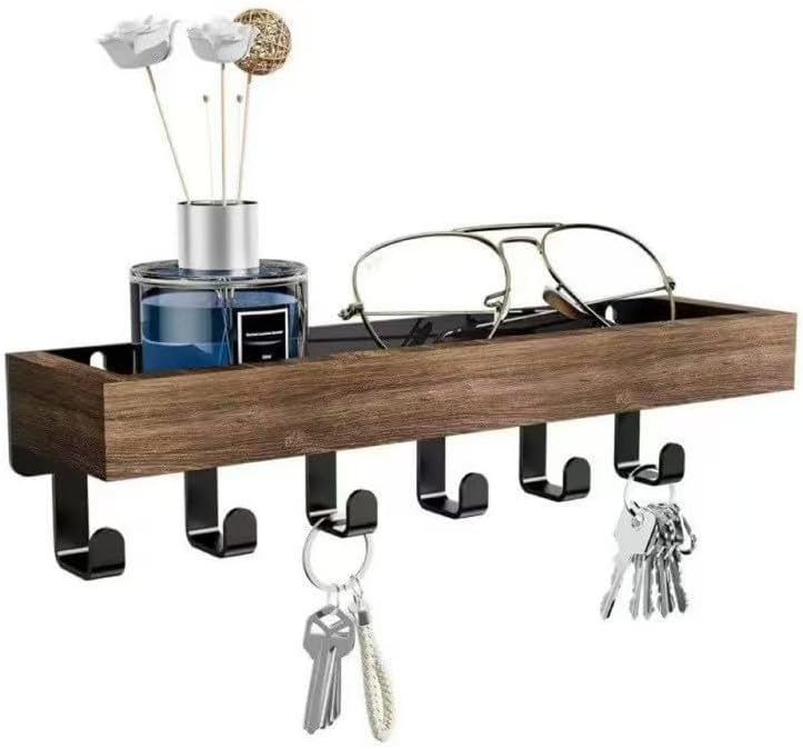 Wall Mount Key Holder with Shelf - Decorative Mail Organizer and Key Hooks for Entryway, Paulownia Wood with Mounting Hardware (9.64”W x 2.36”H x 2.75”L)