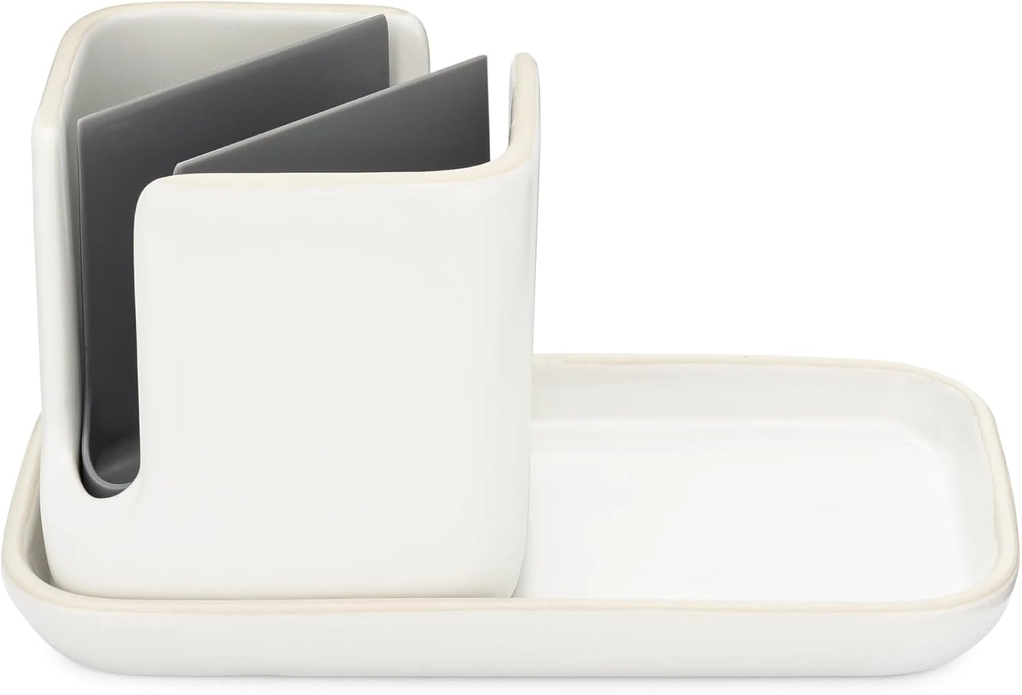 Full Circle Stash, Ceramic Kitchen Sink Caddy, Stylish Sponge Holder & Dish Brush Organizer, Easy to Clean, Dishwasher Safe, Rustproof, White and Gray, 11"