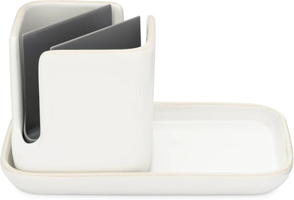 Full Circle Stash, Ceramic Kitchen Sink Caddy, Stylish Sponge Holder & Dish Brush Organizer, Easy to Clean, Dishwasher Safe, Rustproof, White and Gray, 11"