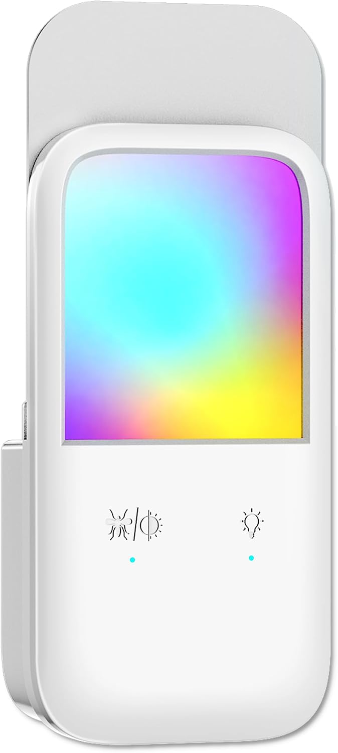 Plug-in Fly Trap & Nightlight - Indoor Insect Catcher for Mosquitoes, Gnats, Fruit Flies with RGB Night Lamp for Home, Kitchen, Office (White, 1 Bug Light Device with 5 Sticky Pads)