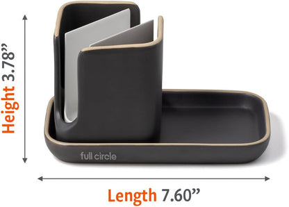 Full Circle Stash, Ceramic Kitchen Sink Caddy, Stylish Sponge Holder & Dish Brush Organizer, Easy to Clean, Dishwasher Safe, Rustproof, White and Gray, 11"