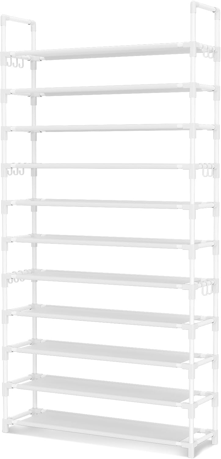 LANTEFUL 10 Tiers Shoe Rack 50 Pairs Large Capacity Tall Shoe Organizer Sturdy Shoe Storage with Two Hooks Space Saving Metal Wide Shoe Rack for Closet, Entryway, Bedroom, Black