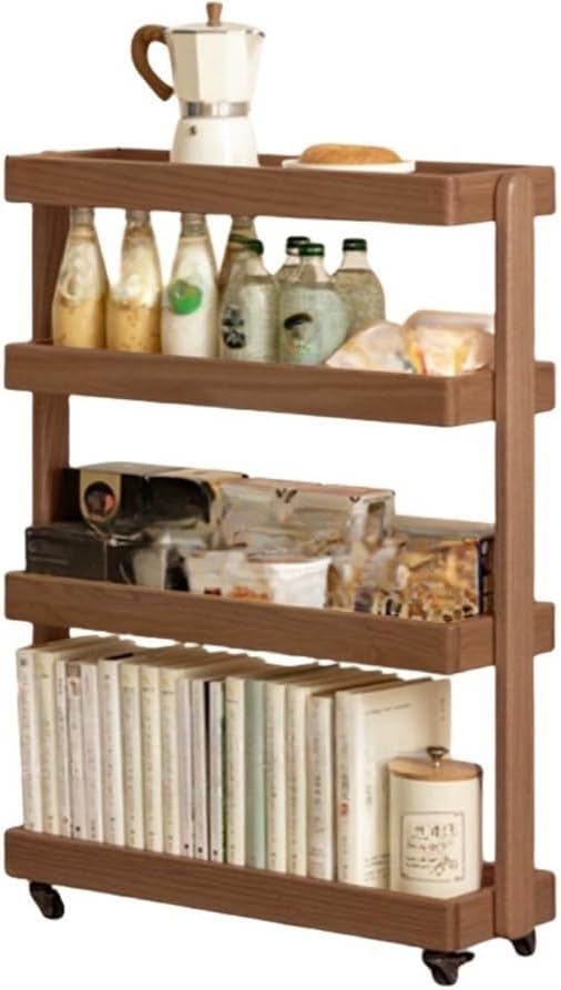 Tea Cart, Storage Rack, Rolling Cart with 4 Tiered Storage, Storage Cart with Universal Wheels and Heightened and Widened Columns, Utility Wood Cart for Bedrooms, Living Rooms(Beige,15.8x7.9x31.9in)