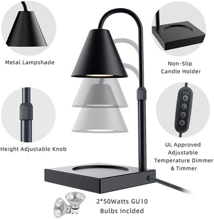 LALISU Candle Warmer Lamp, Stepless Dimming Candle Warmer Lamp with Timer & Dimmer Height Adjustable Compatible with Jars Scented Wax for Home Decor (Metal Base-Black)