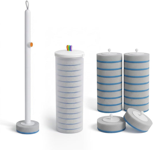 Disposable Toilet Cleaning Brush Kit with 18 Refill Heads, One-Press Release, Built-in Cleaning Solution, Wall-Mounted Storage, Ideal for Bathroom, Home, Rental and Airbnb