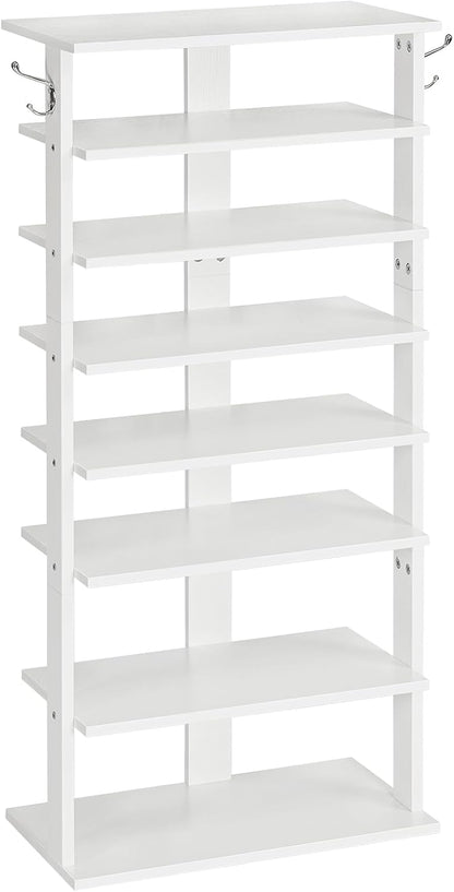 HOOBRO 8 Tiers Vertical Shoe Rack, Wooden Shoe Storage Organizer with Hooks, Narrow Shoe Tower for 8 Pairs, Space Saving, for Entryway, Living Room, Bedroom, Rustic Brown BF07XJ01G1
