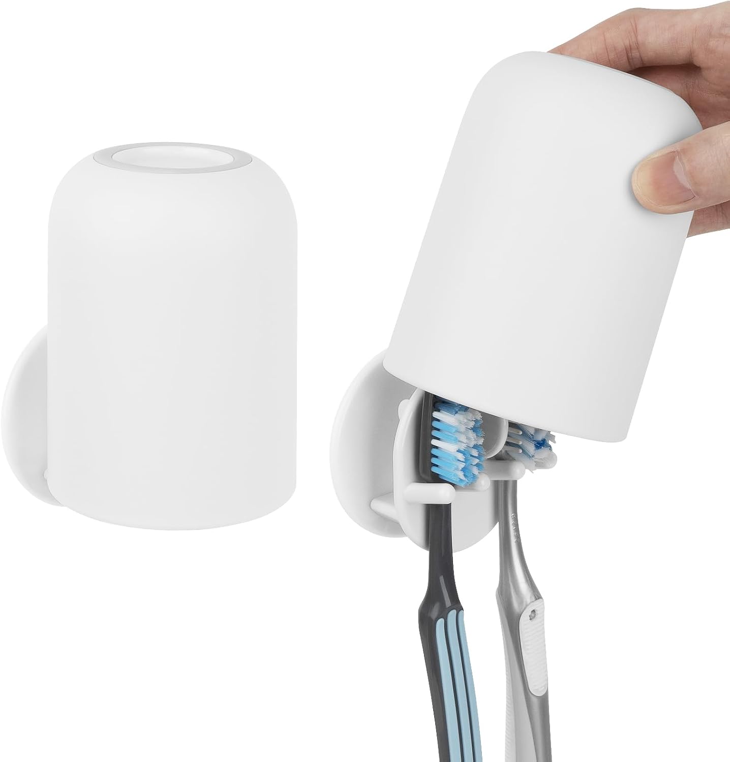 2 PCS Self-Adhesive Toothbrush Holders Wall Mounted, Water Proof Toothbrush Hook, 3 in 1 with Toothbrush Hanger Toothpaste Holder and Gargle Cup Holder for Bathroom Shower (White)