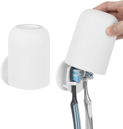 2 PCS Self-Adhesive Toothbrush Holders Wall Mounted, Water Proof Toothbrush Hook, 3 in 1 with Toothbrush Hanger Toothpaste Holder and Gargle Cup Holder for Bathroom Shower (White)
