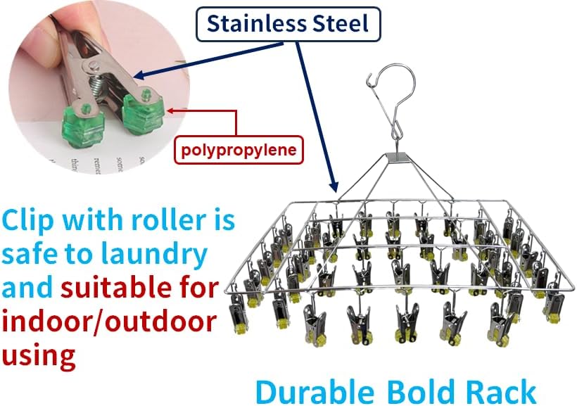 Quick Release Stainless Steel Laundry Drying Rack with Clips, Swivel Hook Wind-Proof Clothes Hanger Rack for Sock, Bras, Underwear, Laundry (Rectangle 30 Clips)