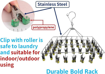 Quick Release Stainless Steel Laundry Drying Rack with Clips, Swivel Hook Wind-Proof Clothes Hanger Rack for Sock, Bras, Underwear, Laundry (Rectangle 30 Clips)