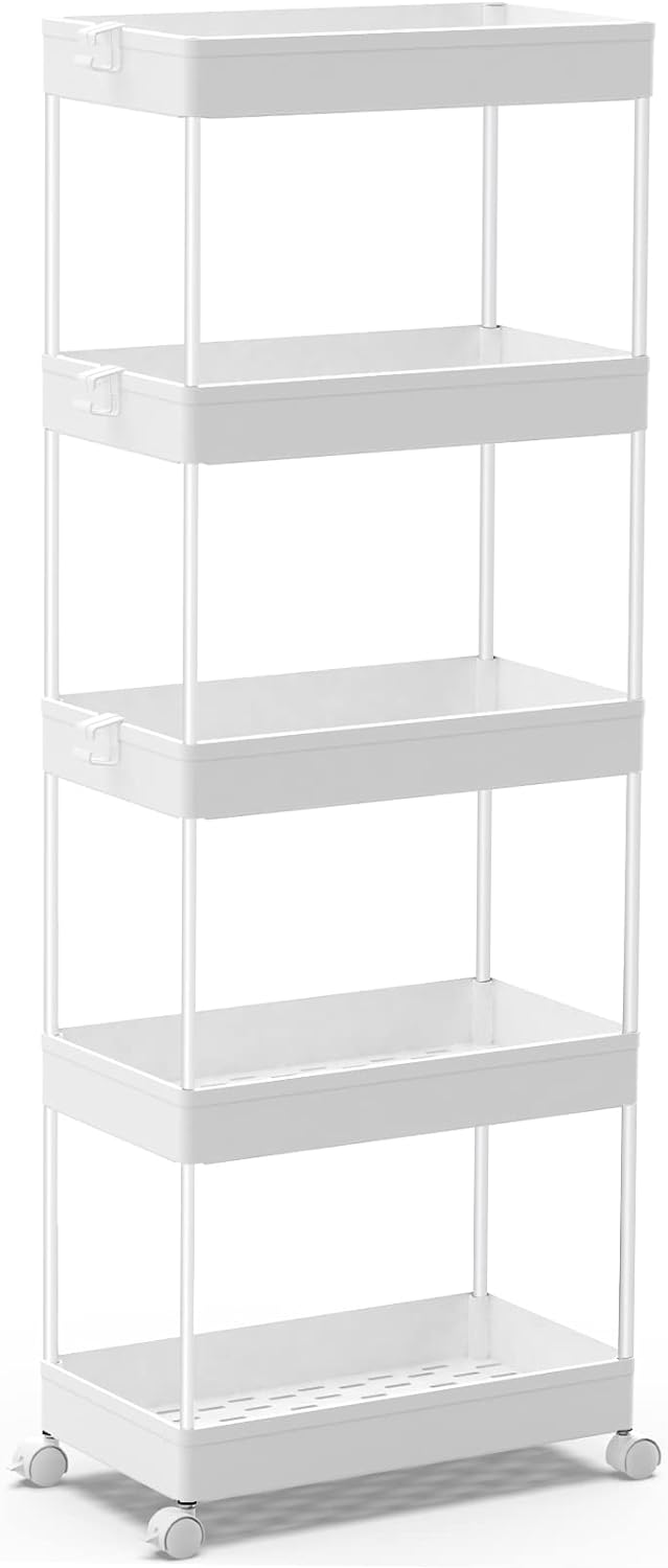 SPACEKEEPER 5-Tier Rolling Cart, Bathroom Storage Organizer Utility Cart, Mobile Shelving Unit Slide Out Shelves for Kitchen Living Room Laundry Room & Dressers, Black