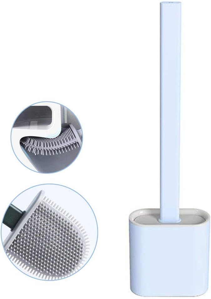 Revolutionary Silicone Flex Toilet Brush with Holder,No-Slip Long Handle Toilet Brush with Holder, Standing Holder & Wall Mounting Cleaning Brush Set (Blue)