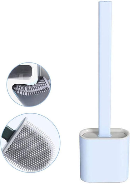 Revolutionary Silicone Flex Toilet Brush with Holder,No-Slip Long Handle Toilet Brush with Holder, Standing Holder & Wall Mounting Cleaning Brush Set (Blue)