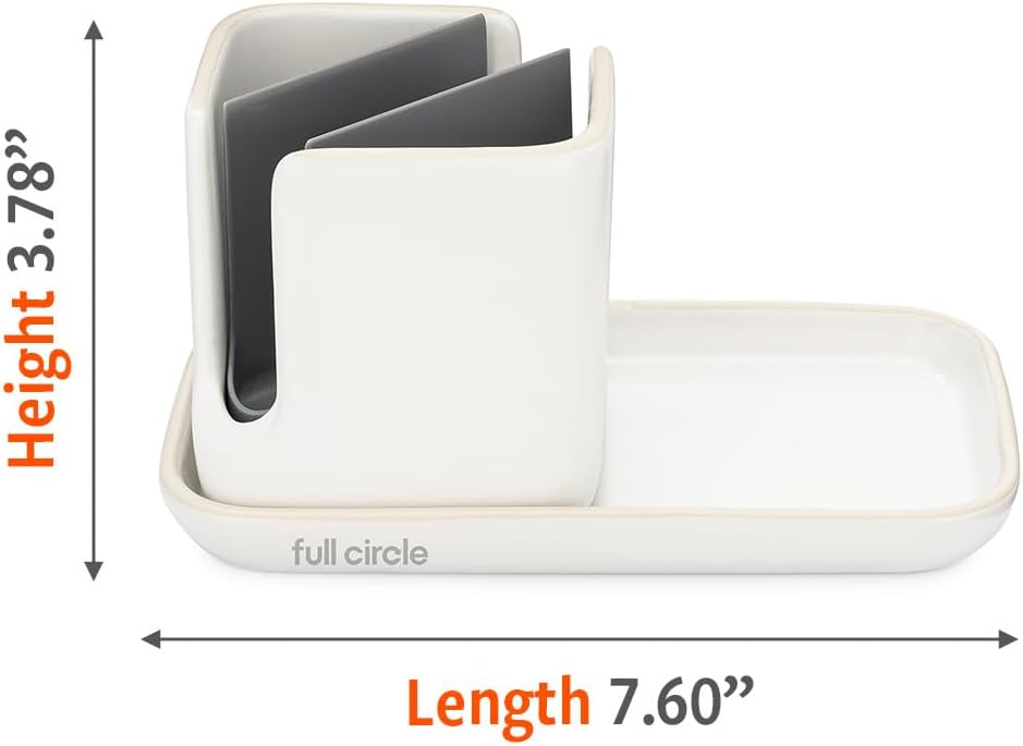 Full Circle Stash, Ceramic Kitchen Sink Caddy, Stylish Sponge Holder & Dish Brush Organizer, Easy to Clean, Dishwasher Safe, Rustproof, White and Gray, 11"