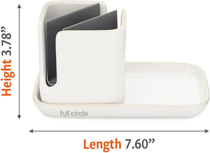 Full Circle Stash, Ceramic Kitchen Sink Caddy, Stylish Sponge Holder & Dish Brush Organizer, Easy to Clean, Dishwasher Safe, Rustproof, White and Gray, 11"