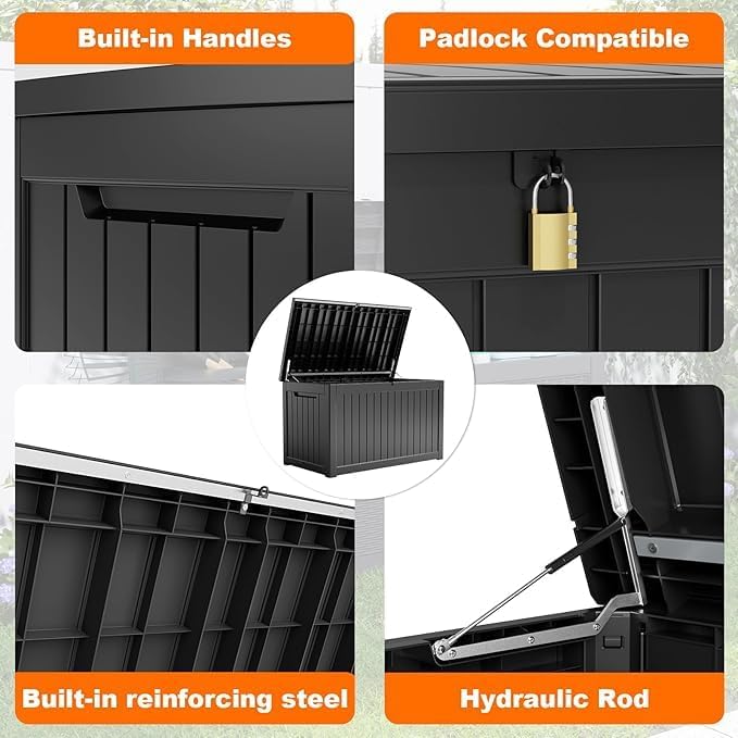 PatioZen 100 Gallon Resin Deck Box, Lockable Patio Outdoor Storage Box for Furniture, Garden Tools and Tools Storage, Waterproof Outside Storage Boxes - Black