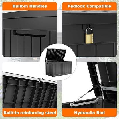 PatioZen 100 Gallon Resin Deck Box, Lockable Patio Outdoor Storage Box for Furniture, Garden Tools and Tools Storage, Waterproof Outside Storage Boxes - Black