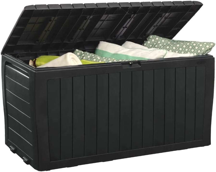 Keter Marvel Plus 71 Gallon Resin Outdoor Storage Box for Patio Furniture Cushions, Throw Pillows, Garden Tools and Pool Floats, Brown