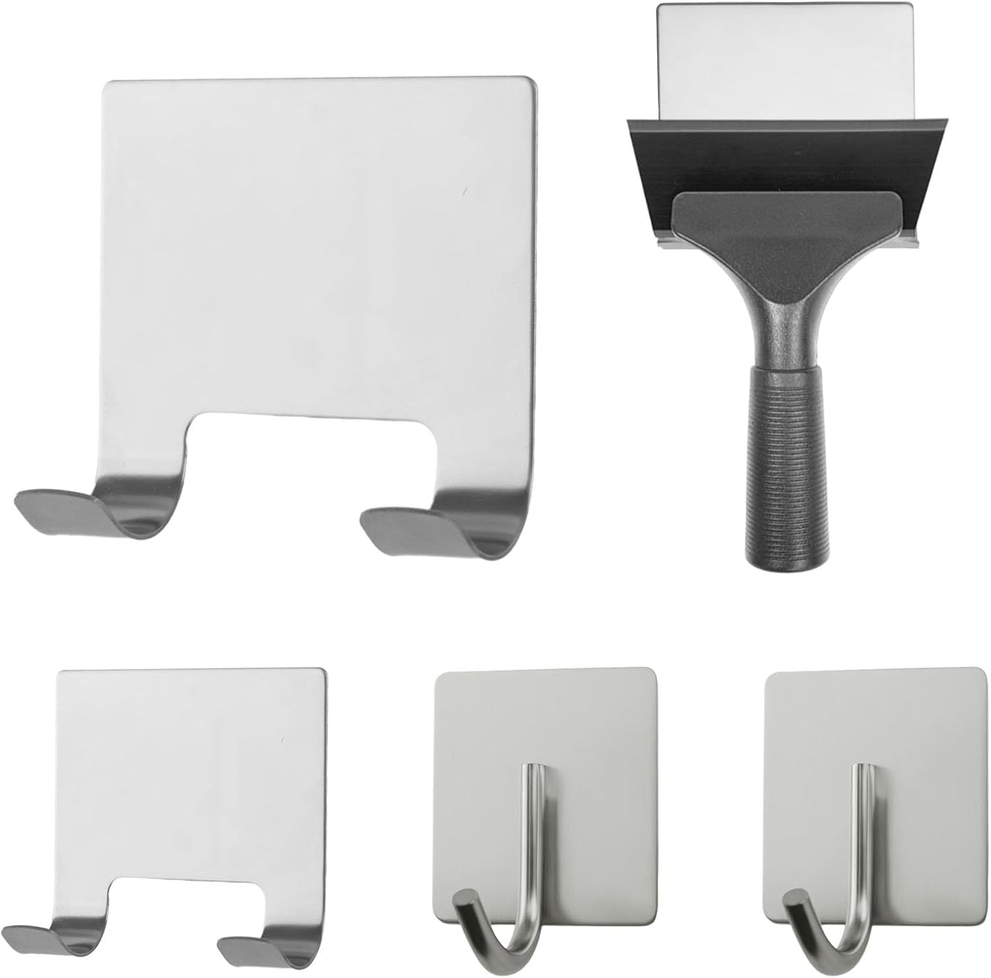 MOROBOR 4 Pcs Shower Squeegee Adhesive Hook, All-Purpose Scraper Holders Towel Hooks Stainless Steel Waterproof Storage Hook Bath Accessories for Kitchen & Bathroom（Silver）